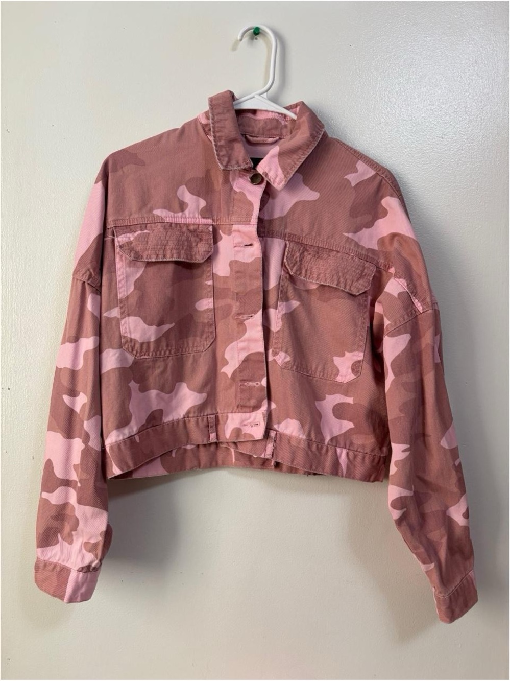 River Island Pink Camouflage Cropped Jean Jacket